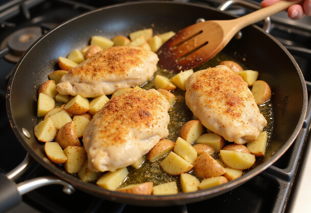 Cooking delicious Garlic Parmesan Chicken and Potatoes in a skillet, highlighting sautéed potatoes and seasoned chicken.