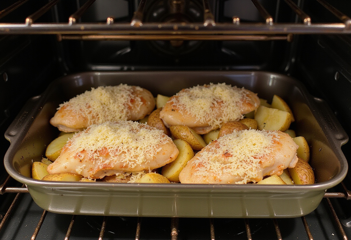 Baking Garlic Parmesan Chicken and Potatoes in a dish, showcasing layered flavors of cheese and garlic.