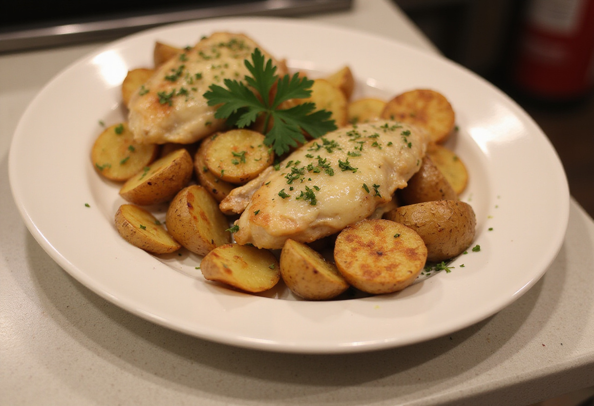 Delicious serving of Garlic Parmesan Chicken and Potatoes garnished with parsley, perfect for dinner.