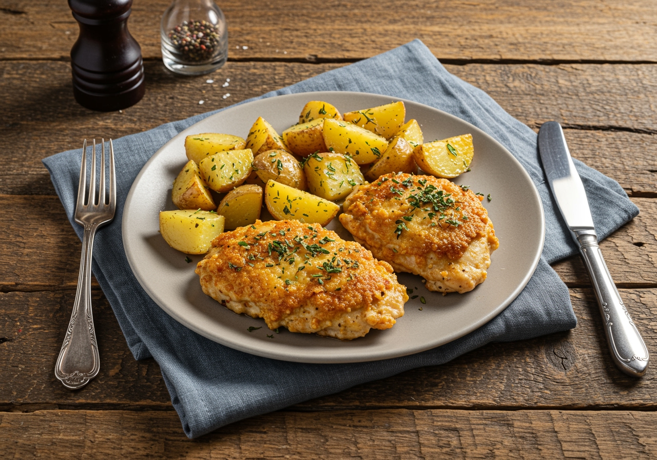 Final dish of Garlic Parmesan Chicken and Potatoes, showcasing a delicious meal ready to be enjoyed.