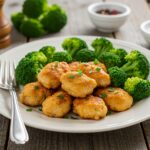 Delicious final presentation of Air Fryer Chicken Bites and Broccoli, showcasing perfectly cooked chicken and fresh broccoli in a healthy meal.