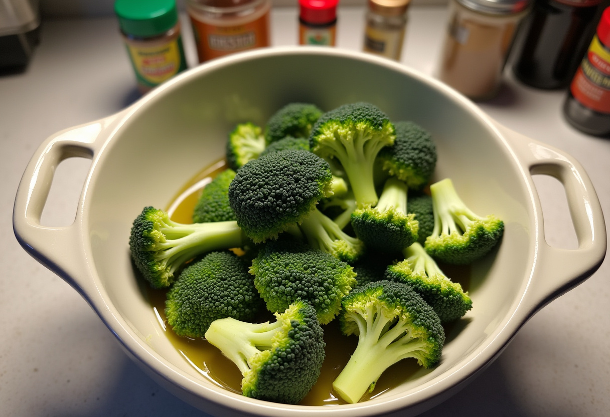 Fresh broccoli florets tossed in olive oil and salt, ready to be cooked with Air Fryer Chicken Bites for a delightful meal.