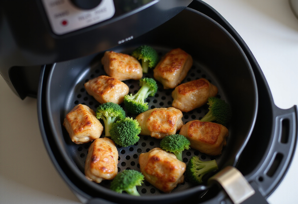 Air fryer basket with marinated chicken bites and seasoned broccoli ready for cooking, emphasizing healthy air fryer techniques.