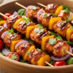 Delicious BBQ Chicken Skewer Salad ready to be served, featuring juicy grilled chicken skewers and vibrant fresh vegetables in a rustic presentation.