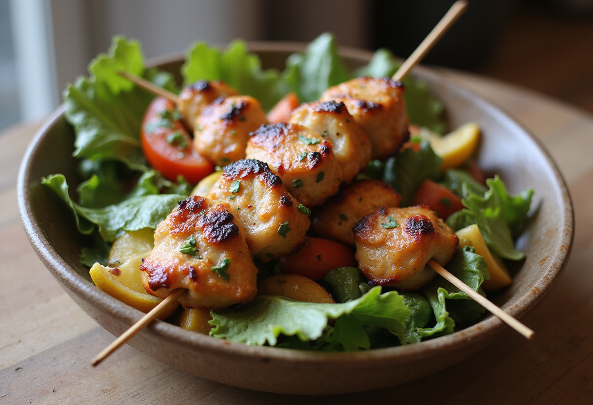 Delicious BBQ Chicken Skewer Salad ready to be served, featuring juicy grilled chicken skewers and vibrant fresh vegetables in a rustic presentation.