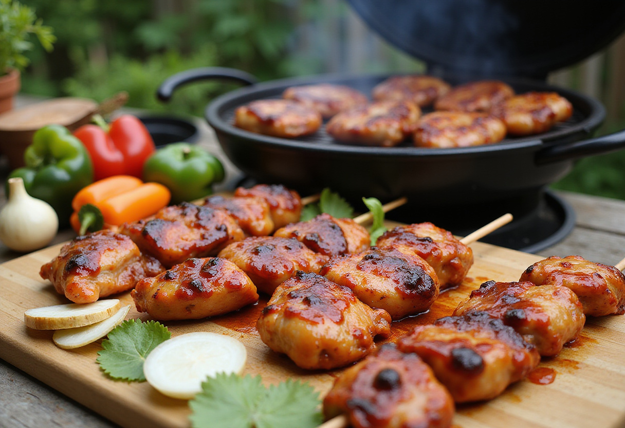 Preparing marinated chicken and fresh vegetables for BBQ Chicken Skewer Salad, showcasing vibrant raw ingredients and outdoor grilling.