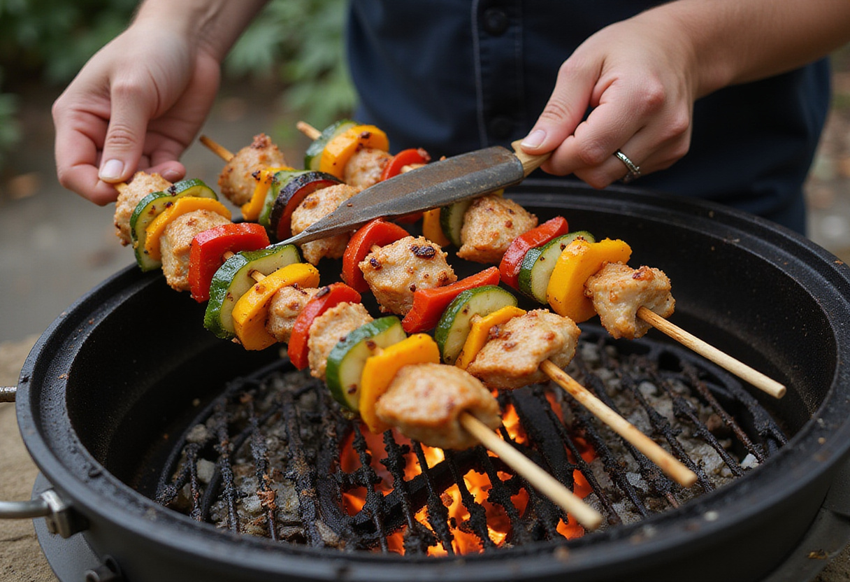 Assembling BBQ Chicken skewers with marinated chicken and vegetables, highlighting the colorful ingredients placed on wooden skewers ready for grilling.