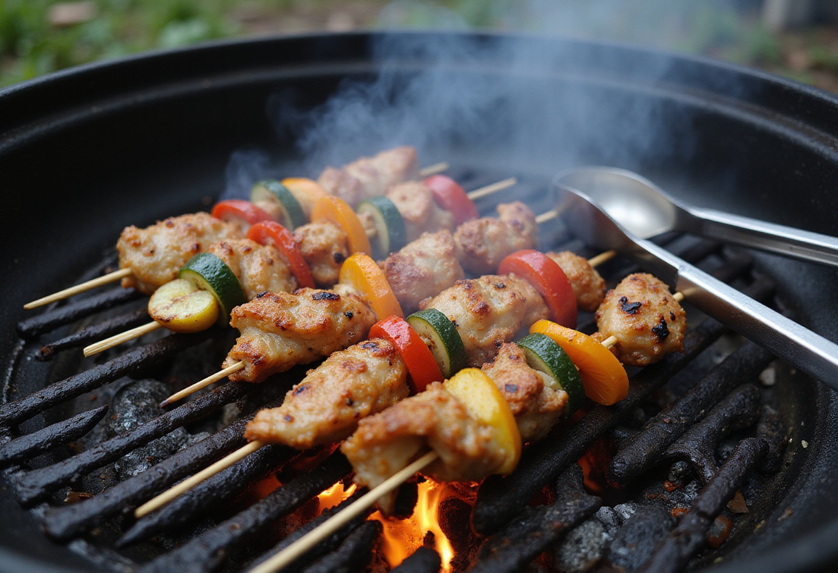 Grilling BBQ Chicken Skewers on an outdoor grill, capturing the moment of cooking with smoke and flames enhancing the outdoor dining atmosphere.