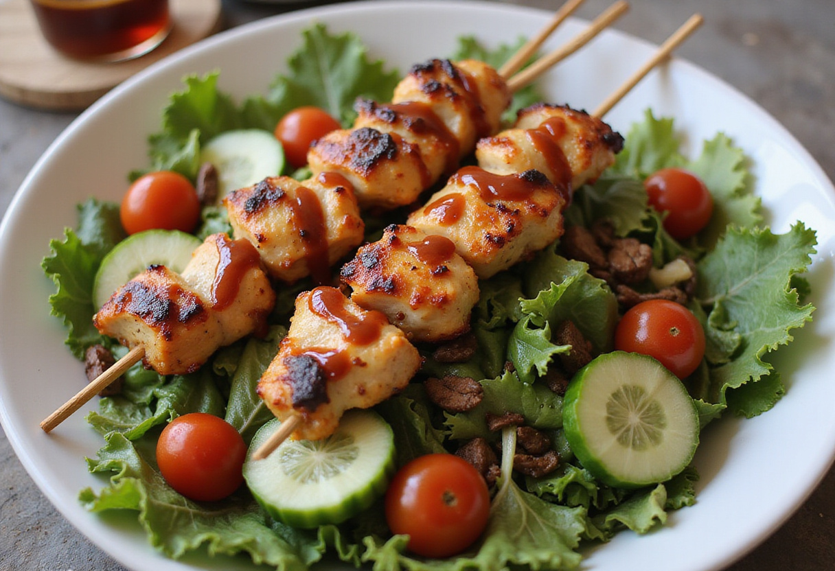 Creating a vibrant BBQ Chicken Skewer Salad with grilled skewers atop fresh greens and colorful vegetables, designed for an appealing presentation.