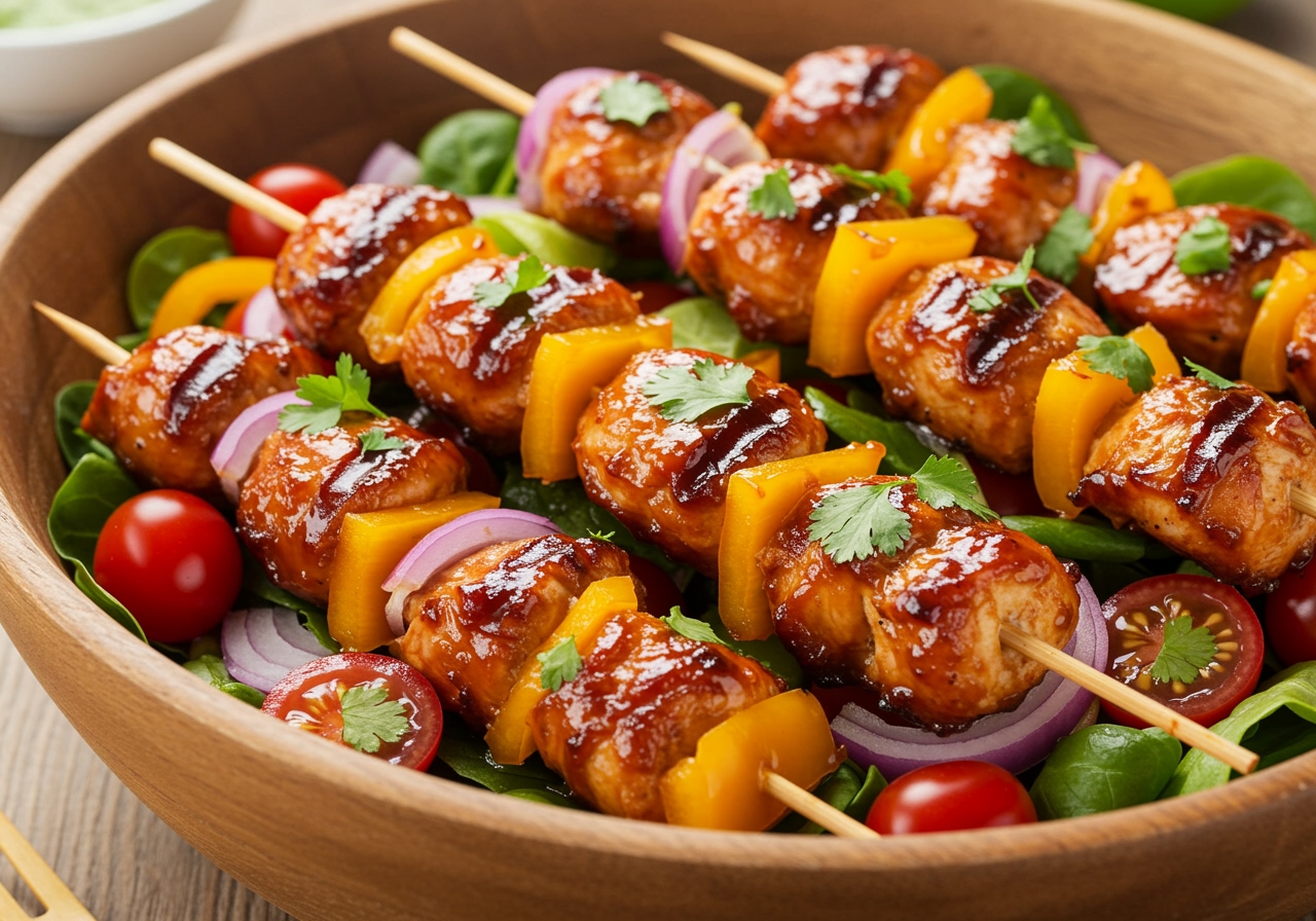 Delicious BBQ Chicken Skewer Salad ready to be served, featuring juicy grilled chicken skewers and vibrant fresh vegetables in a rustic presentation.