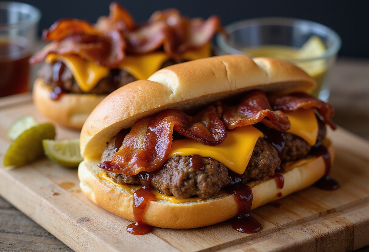 Delicious Bourbon BBQ Bacon Cheeseburger Meatball Sub on a wooden platter, highlighting the melted cheese, crispy bacon, and flavor-packed fillings, perfect for a quick 30-minute meal.