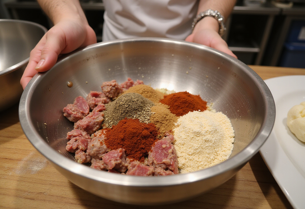Mixing ingredients for homemade Bourbon BBQ Bacon Cheeseburger meatballs, ground beef, breadcrumbs, and spices for a delicious sub recipe.