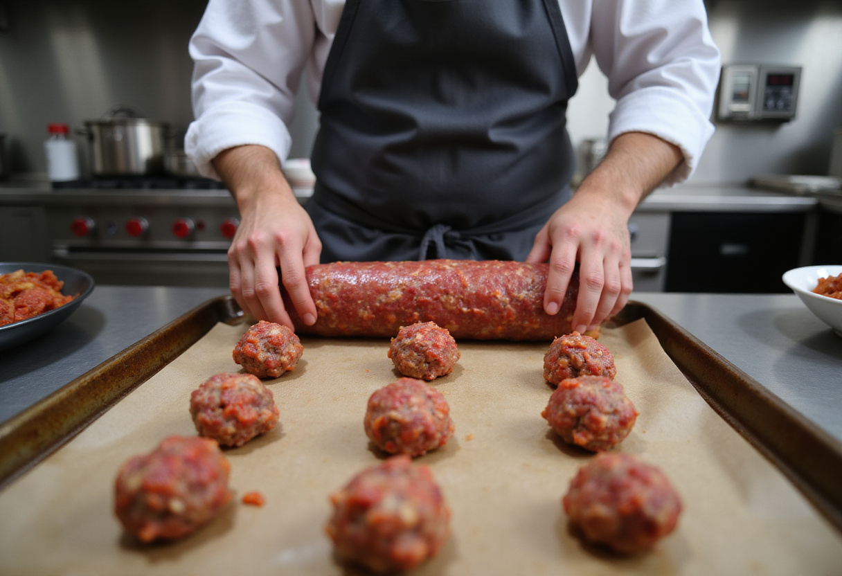 Rolling meatballs for Bourbon BBQ Bacon Cheeseburger Subs, showing the perfectly shaped meatballs ready for baking with a backdrop of a stylish kitchen.