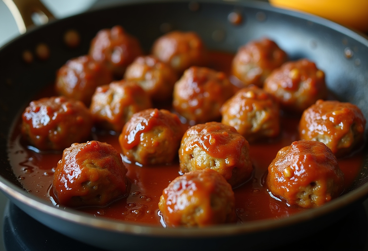 Cooking Bourbon BBQ Bacon Cheeseburger meatballs in a pan, with a savory sauce, highlighting the delicious preparation process of a suburban kitchen.