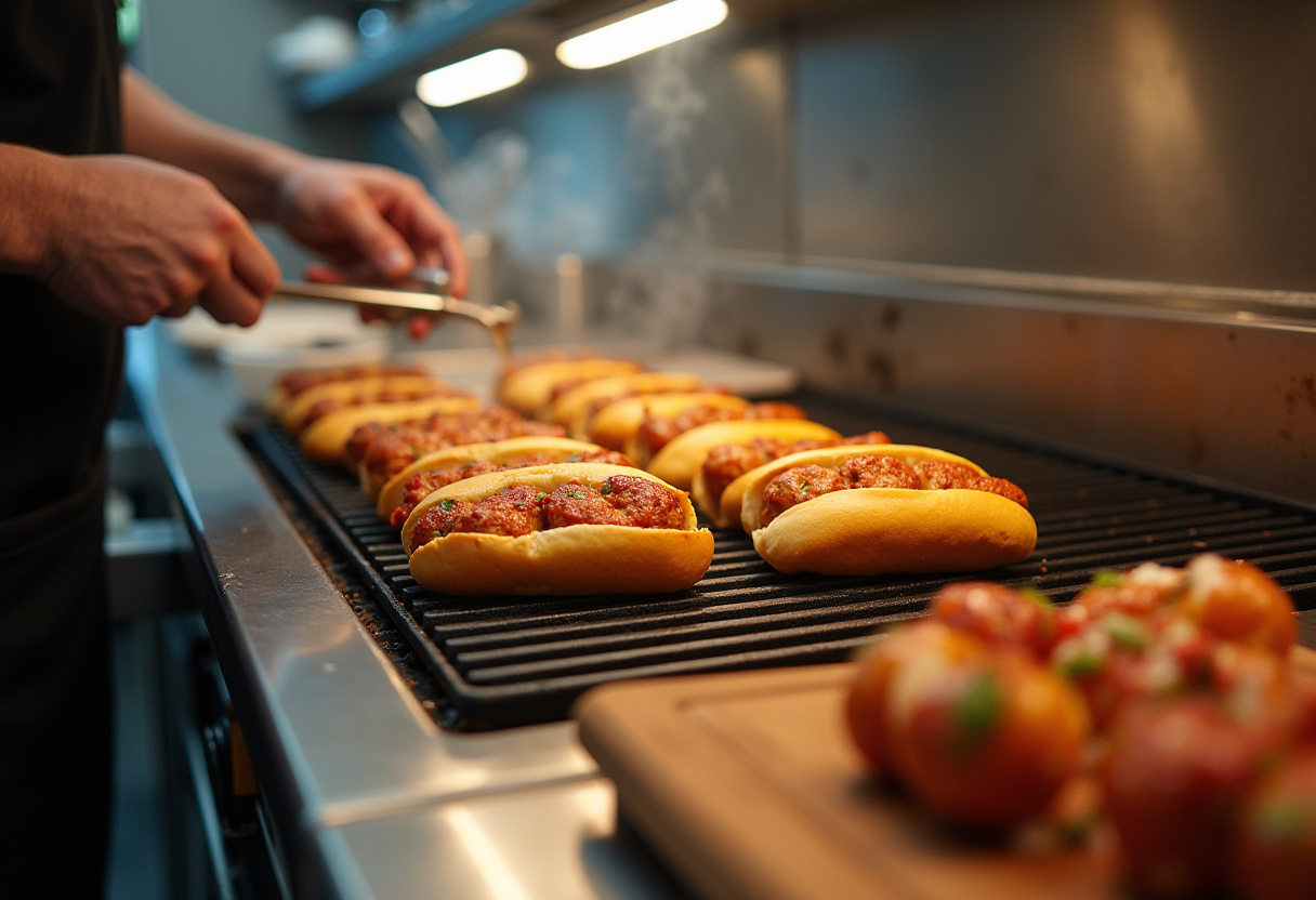 Toasting sub rolls for Bourbon BBQ Bacon Cheeseburger Meatball Subs, showcasing the preparation stage with fresh ingredients in a cozy kitchen atmosphere.
