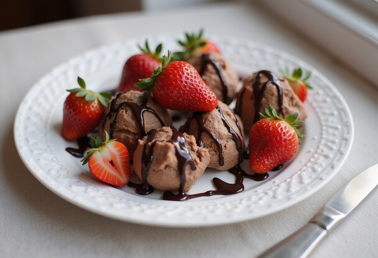 Delicious chocolate strawberry yogurt clusters served on a plate, showcasing the perfect dessert treat for strawberry and chocolate lovers.