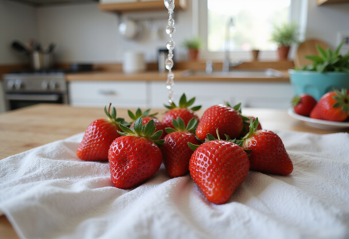 Fresh strawberries ready for a chocolate strawberry yogurt clusters recipe, highlighting fresh ingredients in the kitchen.