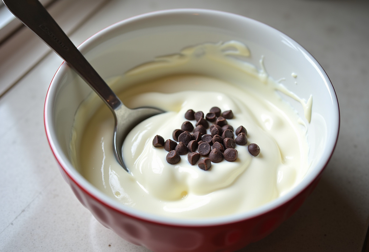 Creamy yogurt and chocolate chips prepared for mixing, perfect for a delicious chocolate strawberry yogurt clusters recipe.