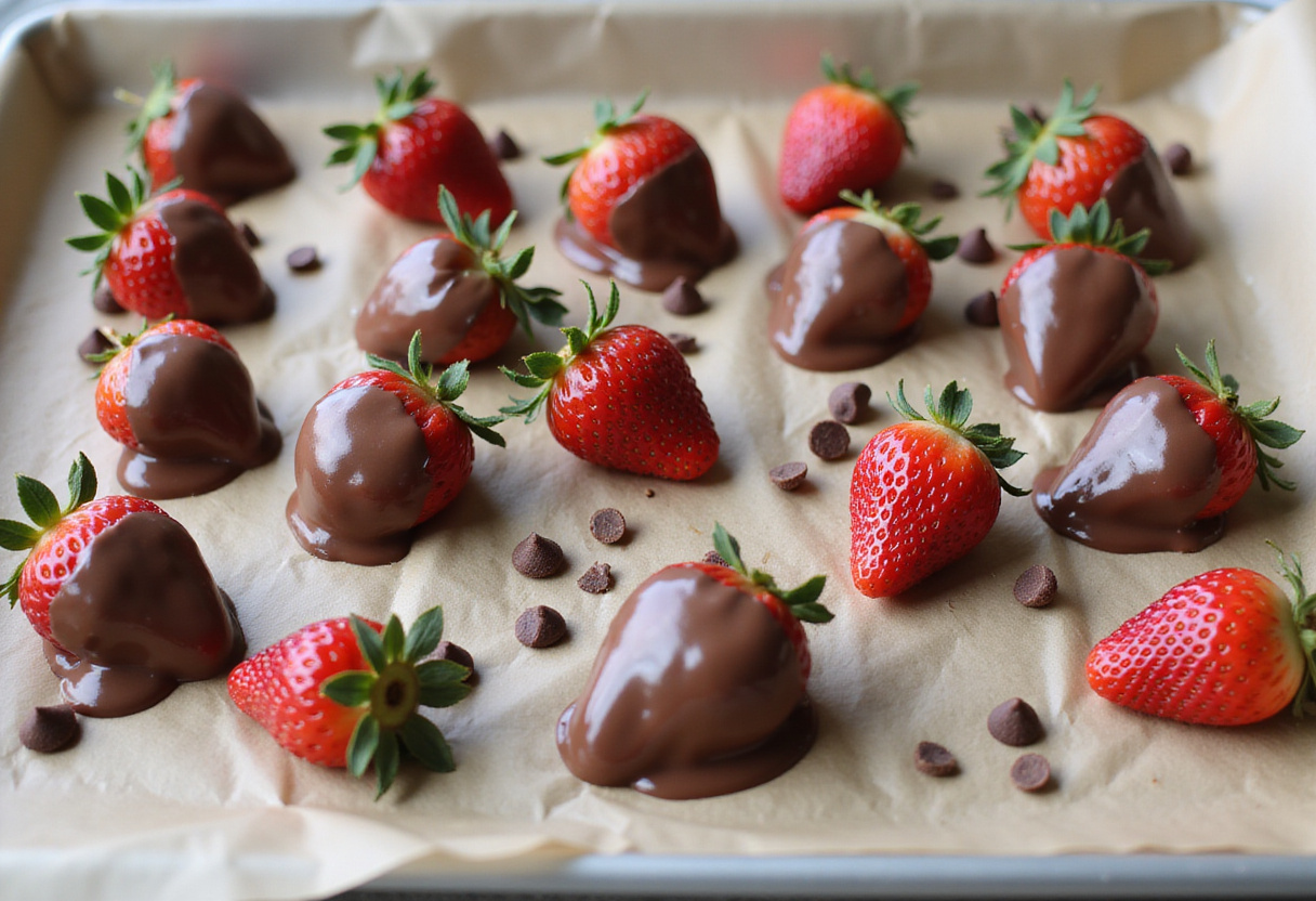 Strawberries dipped in chocolate yogurt on a baking sheet, displaying the delightful process of making chocolate strawberry yogurt clusters.