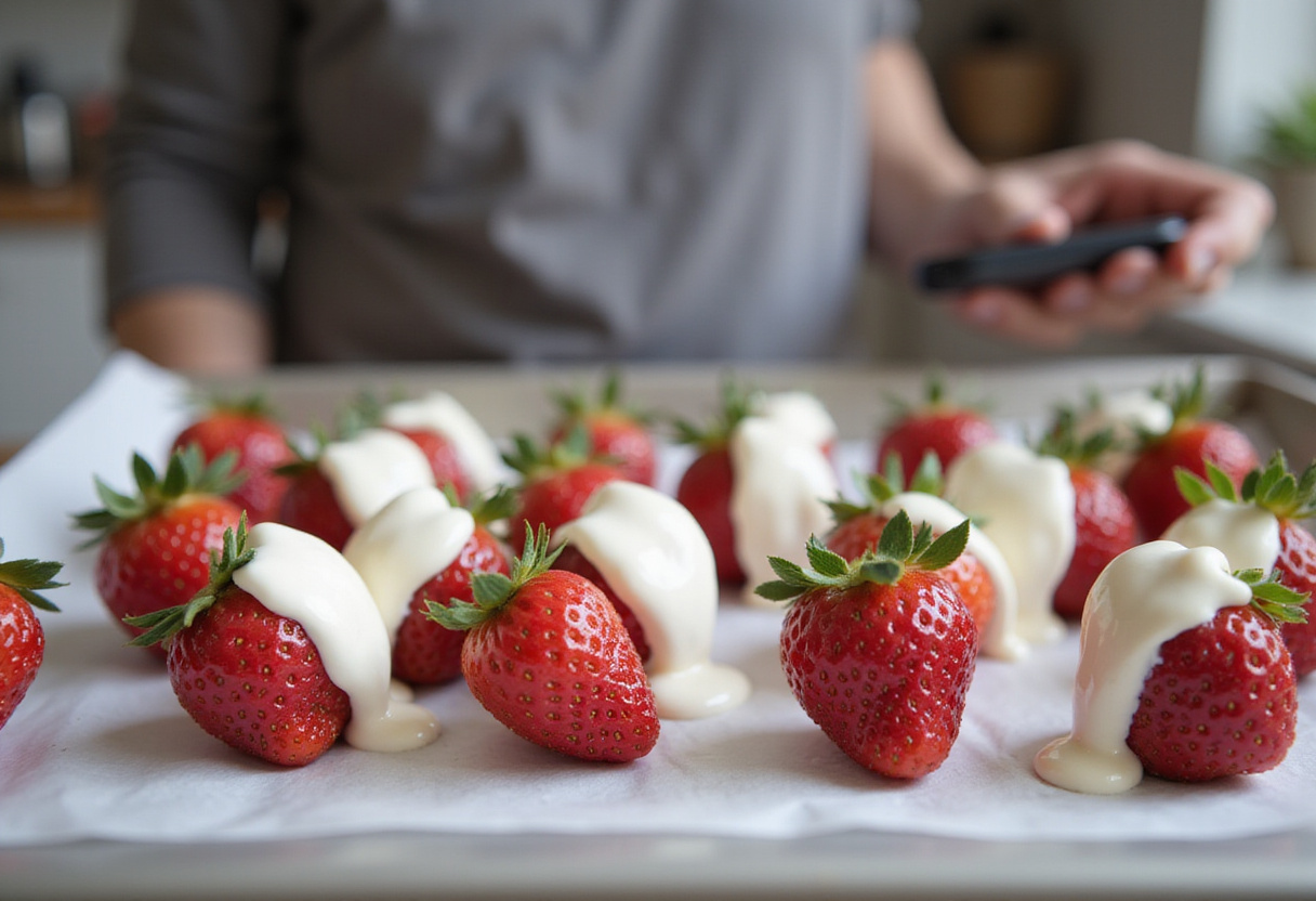 Yogurt-covered strawberries placed in the freezer, emphasizing the final preparation stage of chocolate strawberry yogurt clusters.