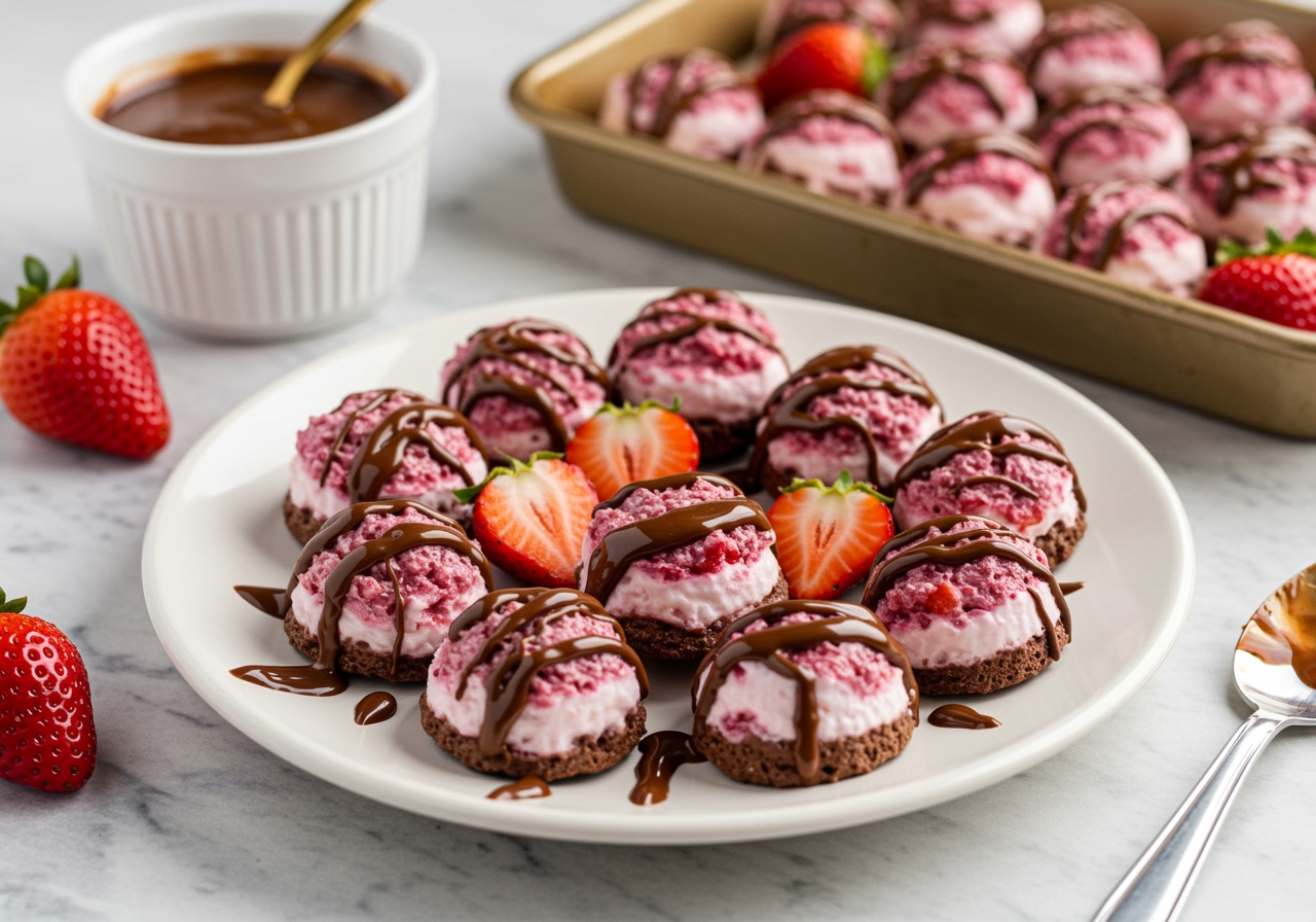 Delicious chocolate strawberry yogurt clusters served on a plate, showcasing the perfect dessert treat for strawberry and chocolate lovers.