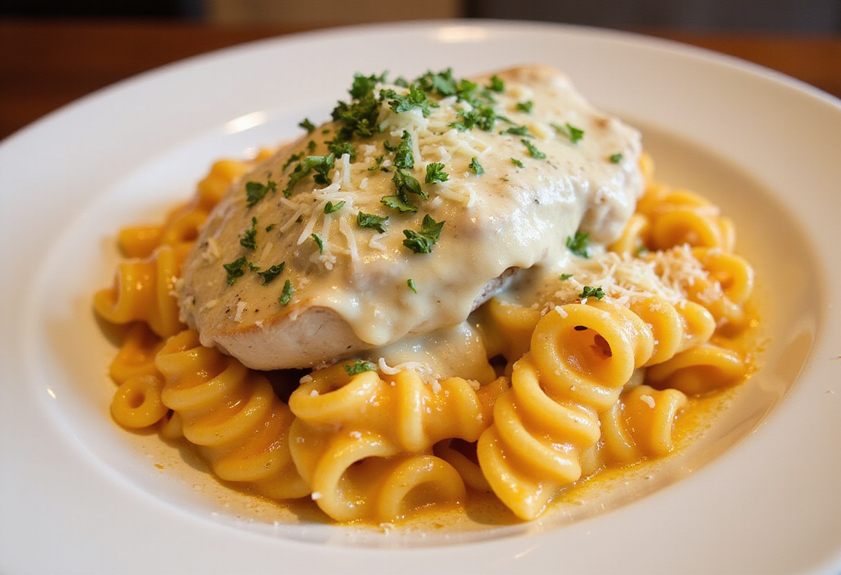 Delicious Creamy Garlic Parmesan Chicken served over cheesy twisted pasta, a perfect comfort food dish.