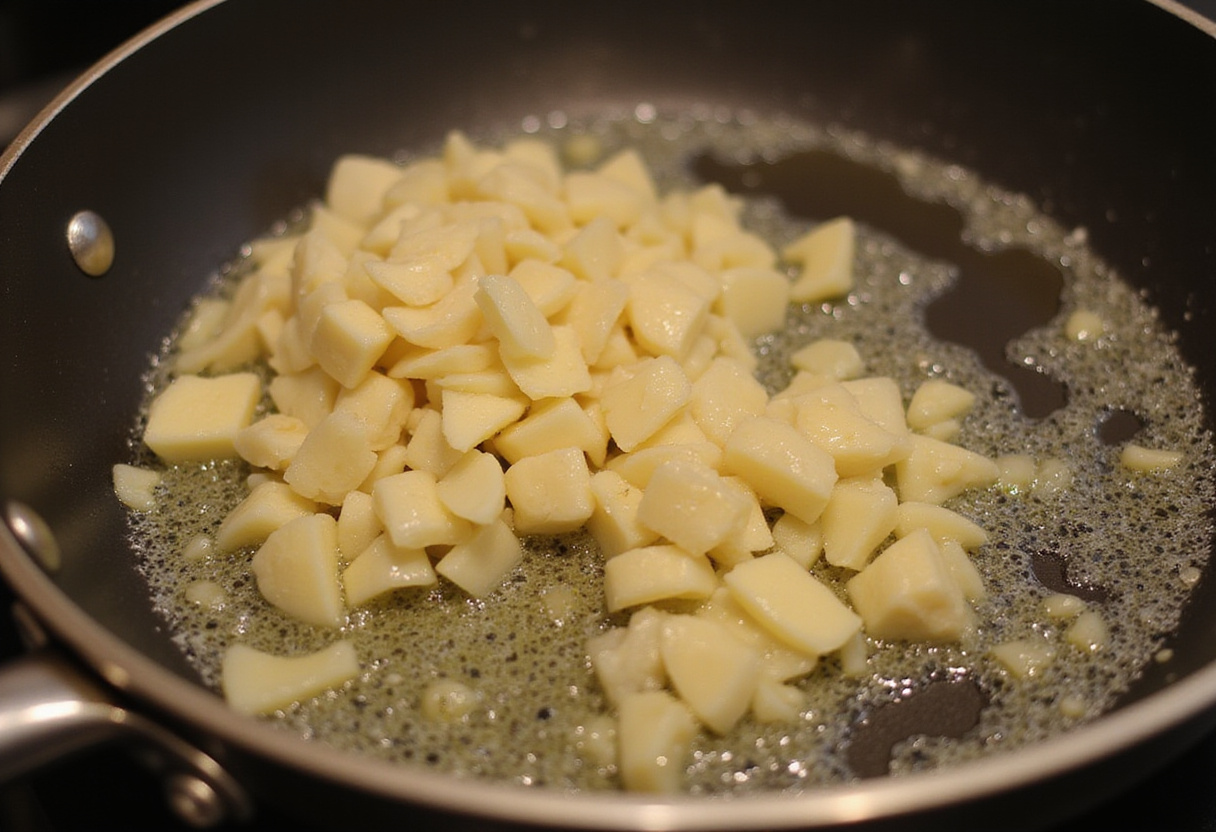 Sautéing minced garlic in butter, showcasing the beginning steps of making Creamy Garlic Parmesan Chicken with Cheesy Twisted Pasta.
