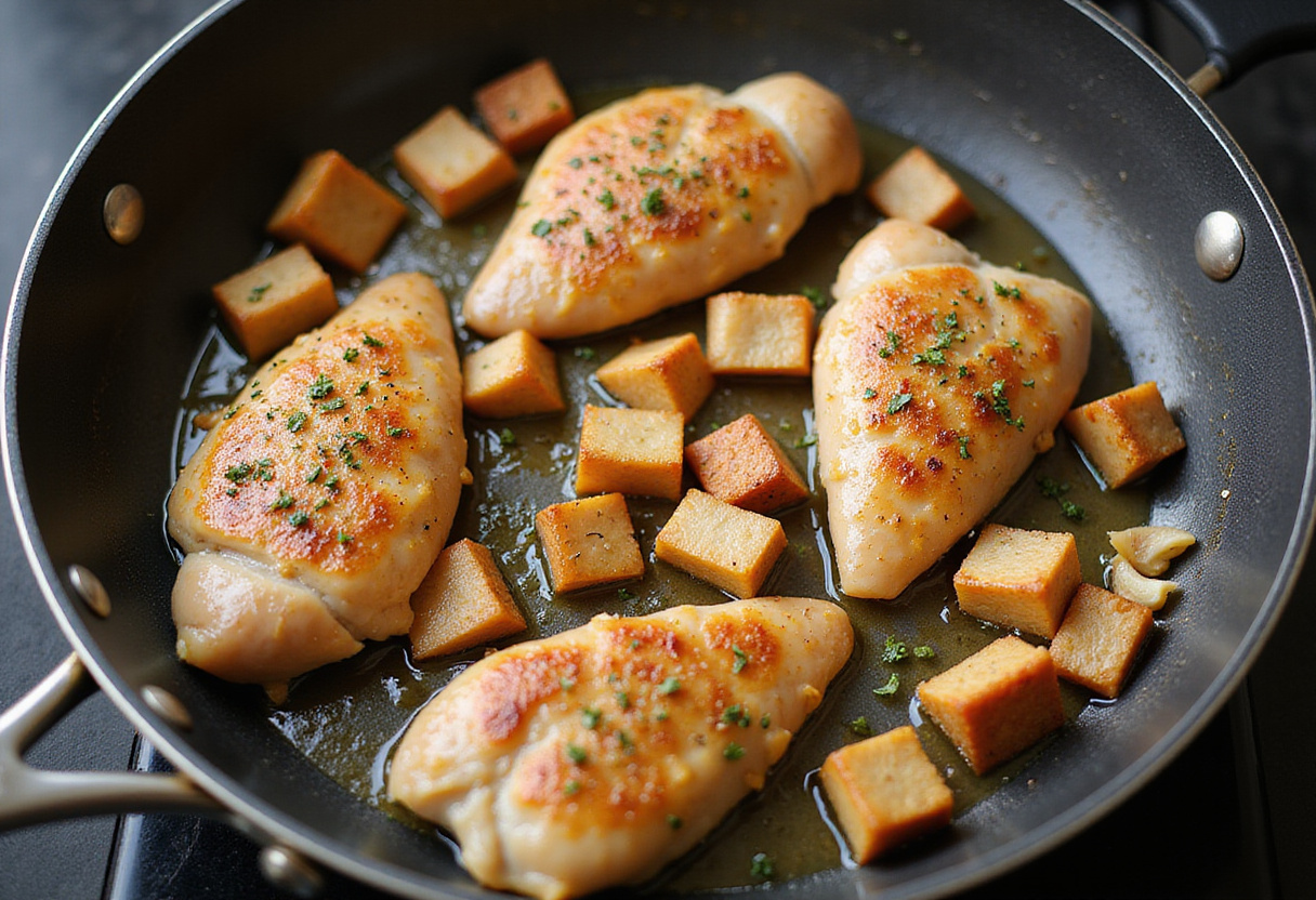 Seared chicken breasts in a skillet, contributing to the rich sauce for Creamy Garlic Parmesan Chicken with Cheesy Twisted Pasta.