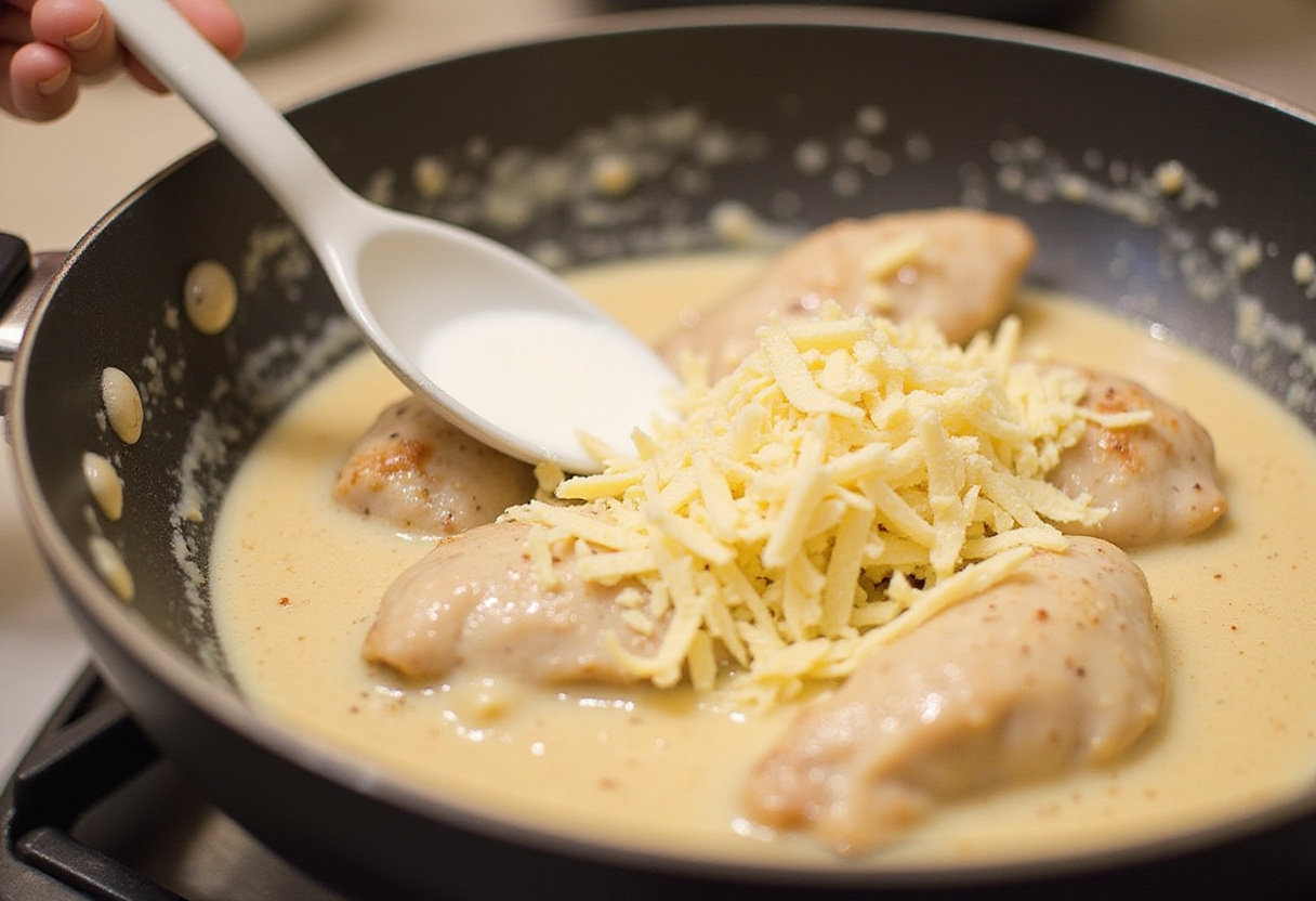 Combining heavy cream and Parmesan cheese to make a luscious sauce for Creamy Garlic Parmesan Chicken with Cheesy Twisted Pasta.