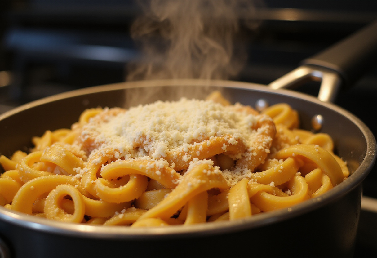 Cooking twisted pasta for a cheesy element in Creamy Garlic Parmesan Chicken with Cheesy Twisted Pasta.