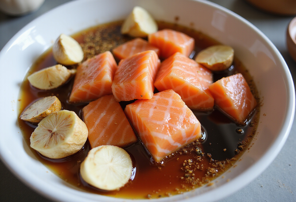 Crispy Air Fryer Honey Garlic Salmon Bites ingredients preparation featuring salmon, honey, garlic, and soy sauce.