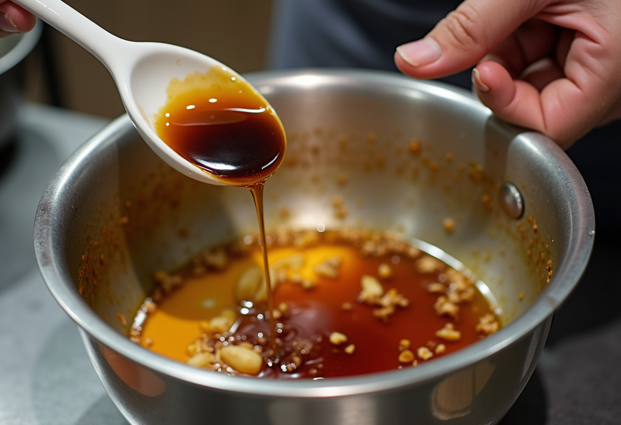 Preparation step for honey garlic salmon marinade ensuring crispy air fryer salmon bites are flavorful.