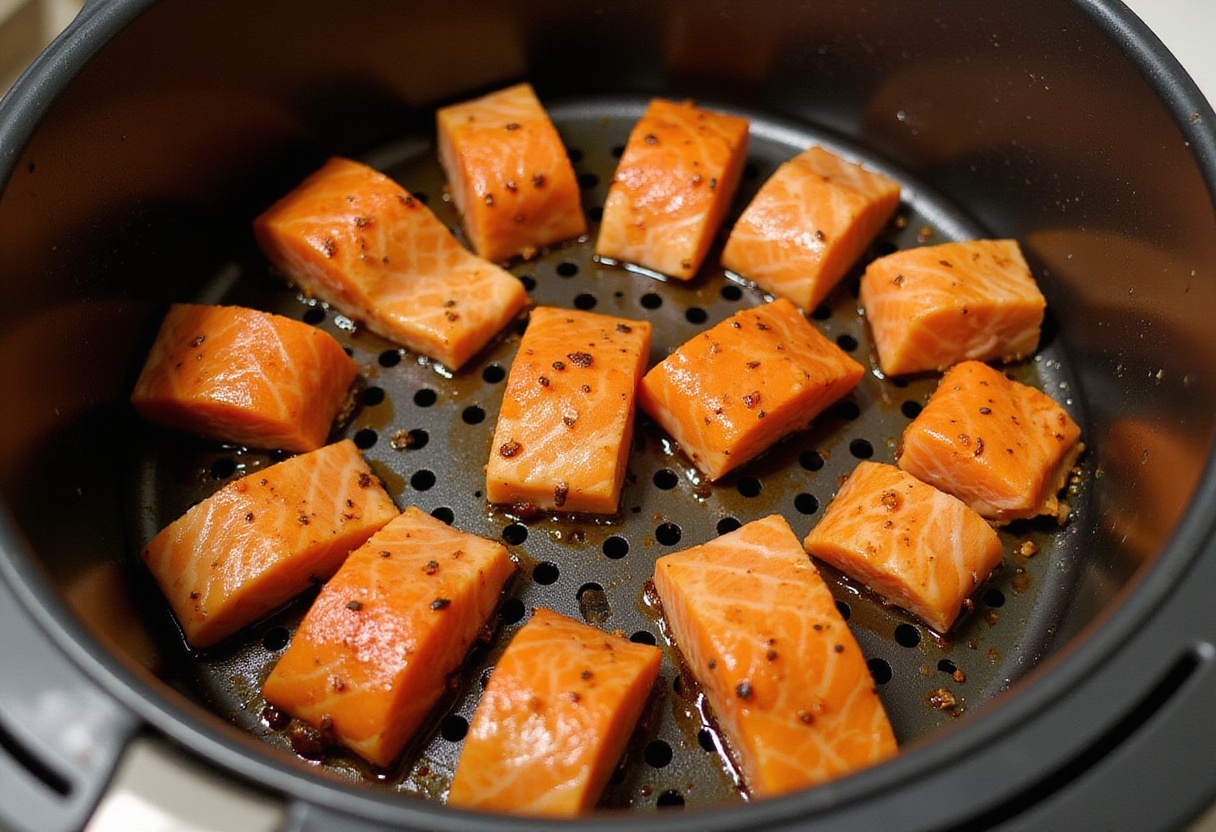 Arranging marinated salmon bites in an air fryer, preparing for a crispy and delicious cooking process.