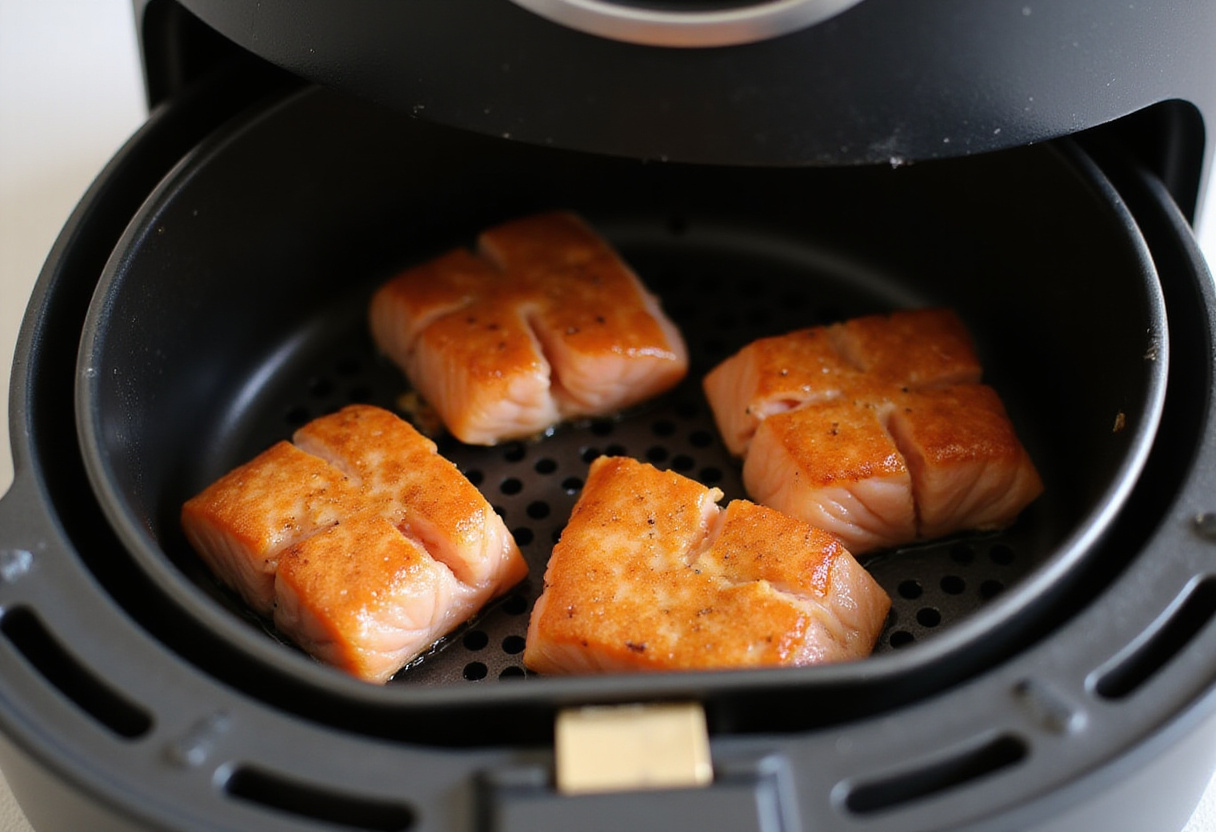 Crispy honey garlic salmon bites in an air fryer, cooking to golden perfection for a healthy meal.