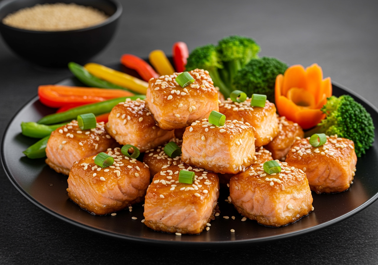 Serving suggestion for crispy air fryer honey garlic salmon bites, showcasing a delicious and healthy dish ready to enjoy.