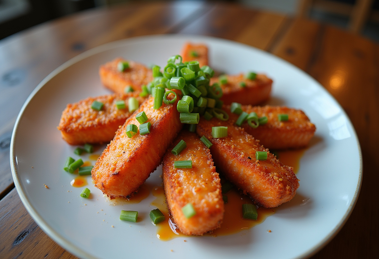 Final presentation of crispy Bang Bang salmon bites, expertly garnished and plated for an appetizing look.