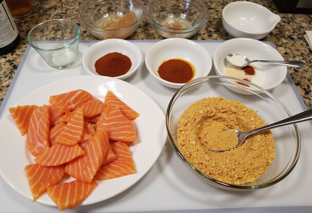 Crispy Bang Bang Salmon Bites ingredients and preparation scene with fresh salmon and spices on a countertop.