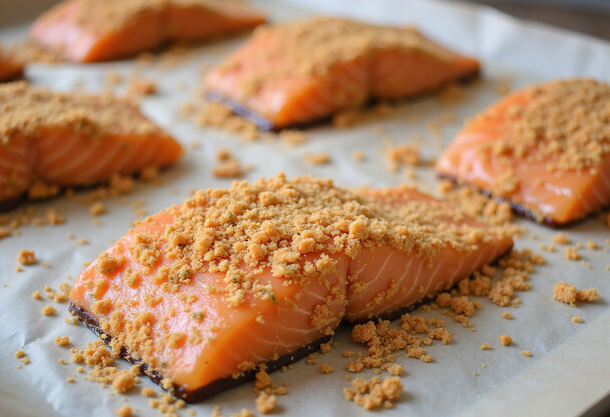 Coating of crispy Bang Bang salmon bites with panko breadcrumbs on a baking sheet, ready for cooking.