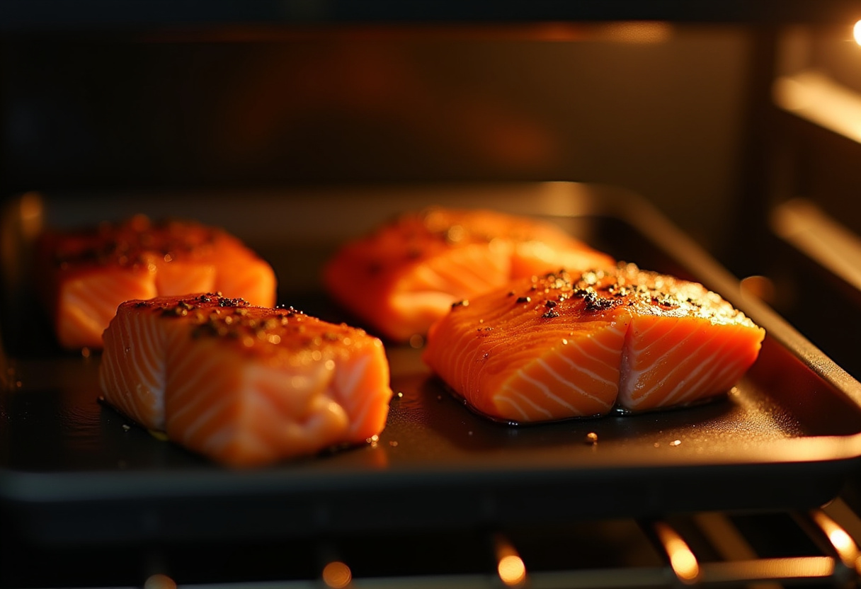 Golden brown crispy Bang Bang salmon bites baking in the oven, highlighting the cooking process.
