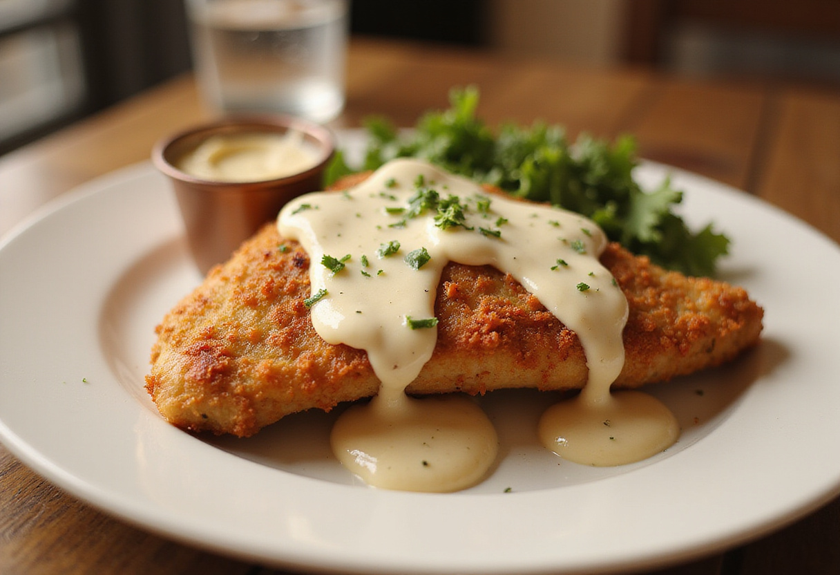 Deliciously presented crispy Parmesan chicken with garlic cream sauce, a mouthwatering dinner idea showcasing the crispy texture.
