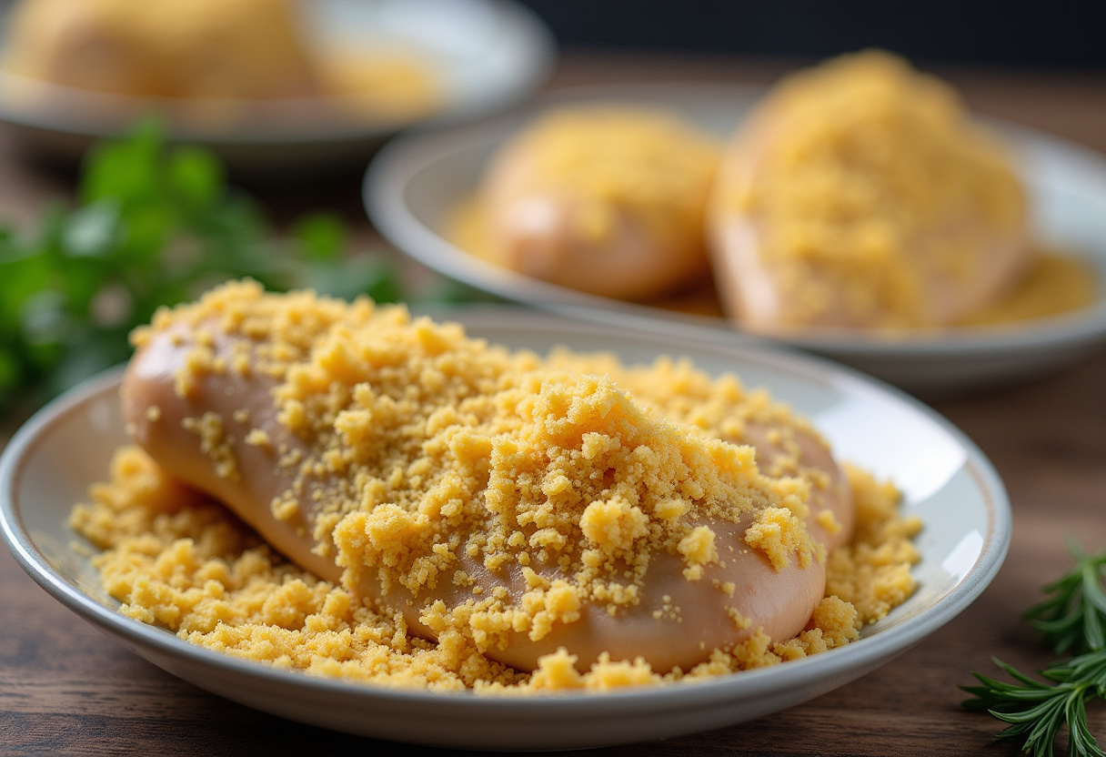 Preparing crispy Parmesan chicken with breading and fresh herbs, ensuring each piece is evenly coated for maximum flavor.