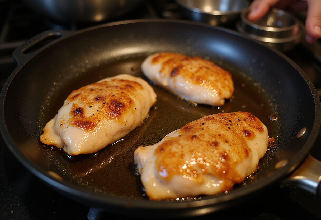 Frying chicken breasts for a crispy texture, achieving a golden-brown color and a satisfying crunch.