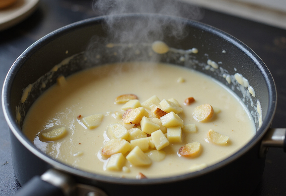 Creating a dreamy garlic cream sauce, highlighting the creamy texture and aromatic garlic.