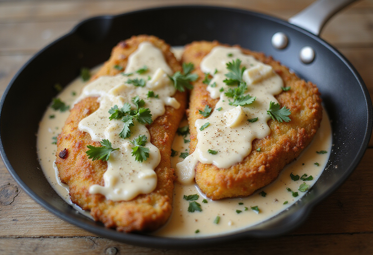 Combining crispy chicken with dreamy garlic cream sauce, creating a harmonious blend of textures and flavors.
