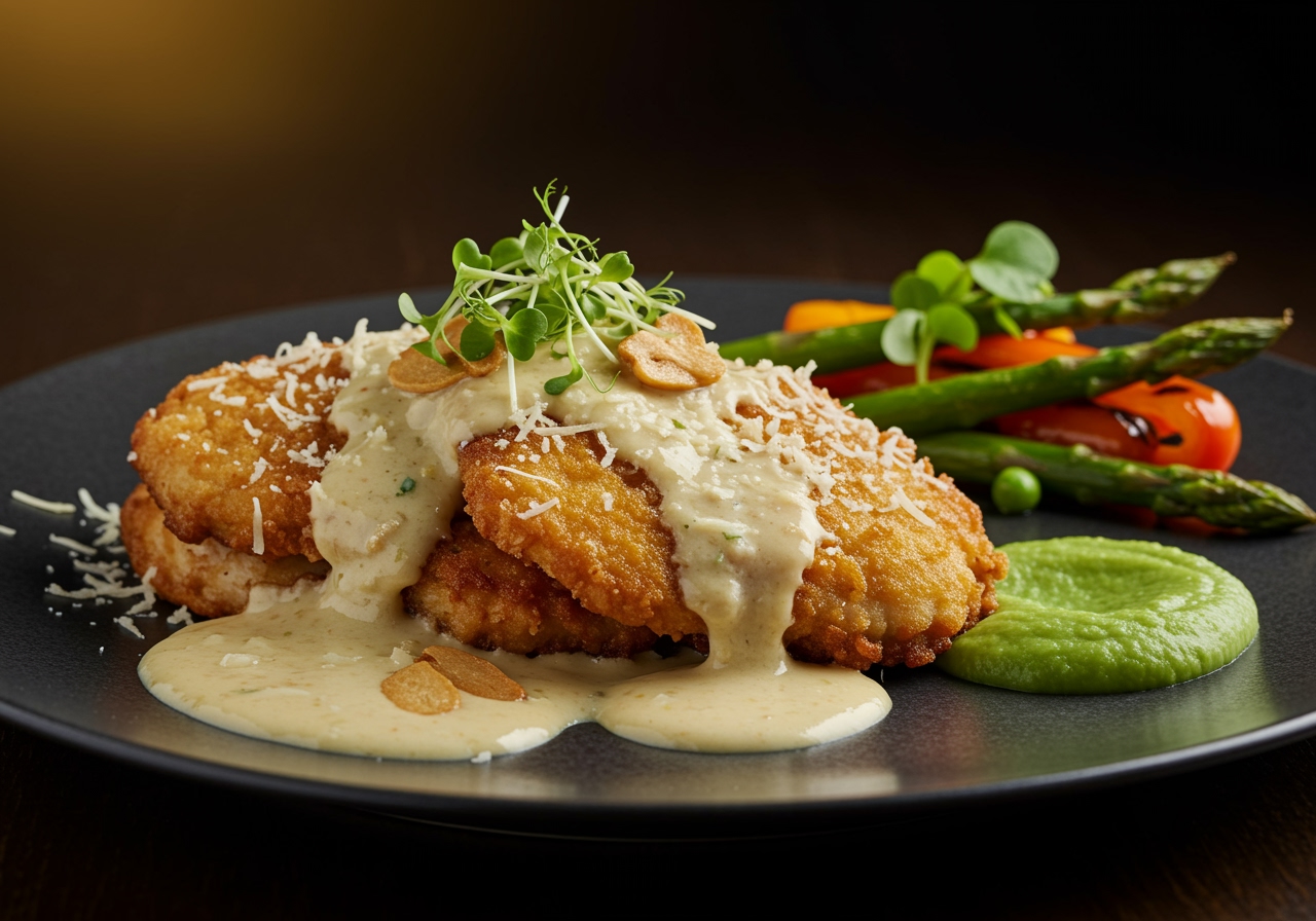 Deliciously presented crispy Parmesan chicken with garlic cream sauce, a mouthwatering dinner idea.