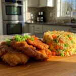 Delicious crispy saucy chicken with vibrant vegetable fried rice, the perfect dinner preparation.