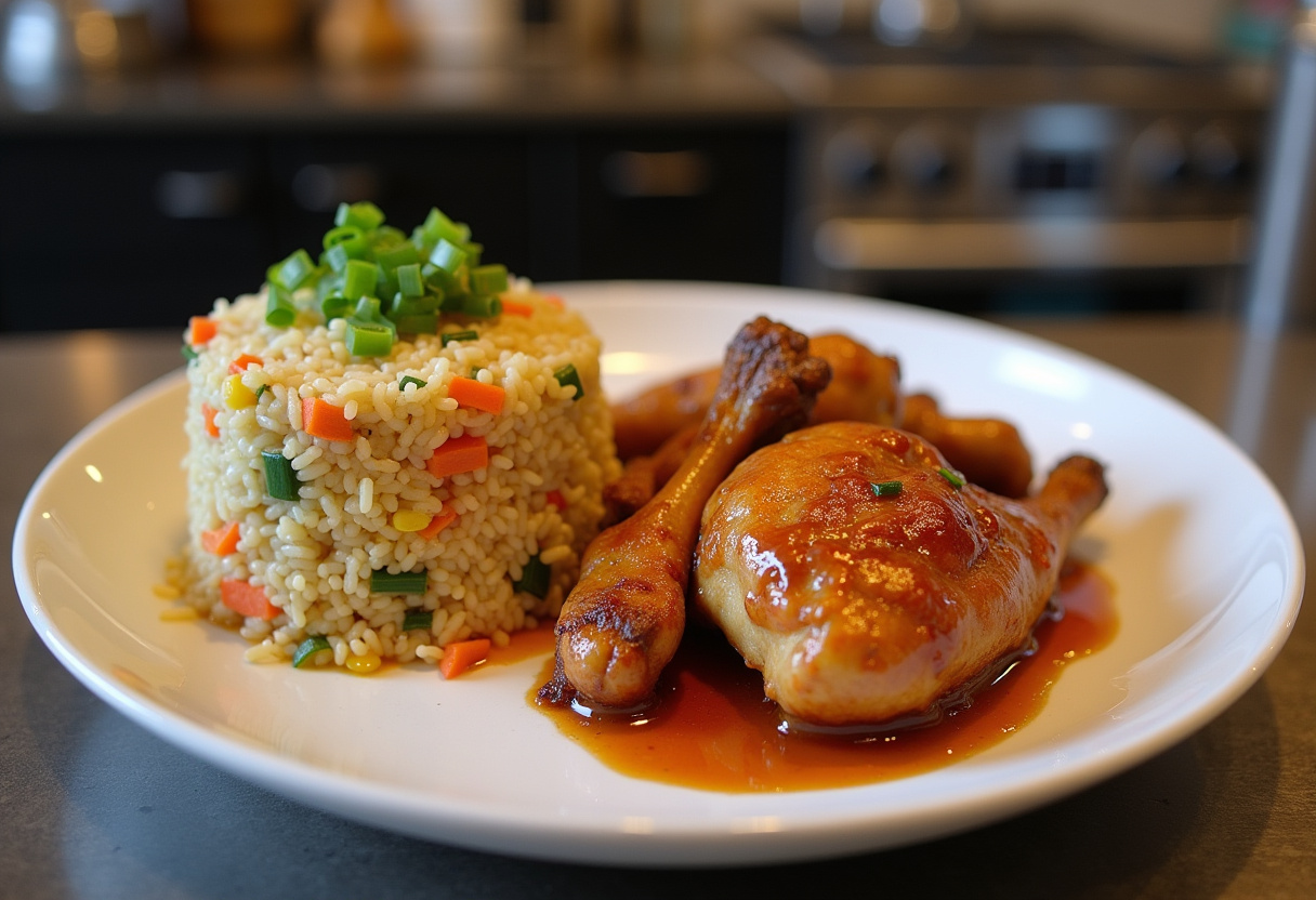 Delicious crispy saucy chicken with vibrant vegetable fried rice, the perfect dinner preparation.