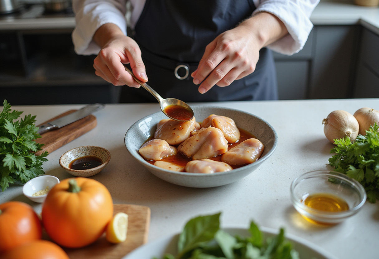 Marinating chicken for crispy saucy chicken recipe with soy sauce, ginger, and garlic.