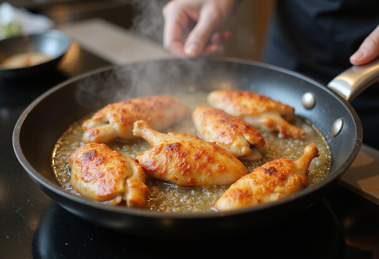 Frying marinated chicken to achieve a crispy texture in the crispy saucy chicken recipe.