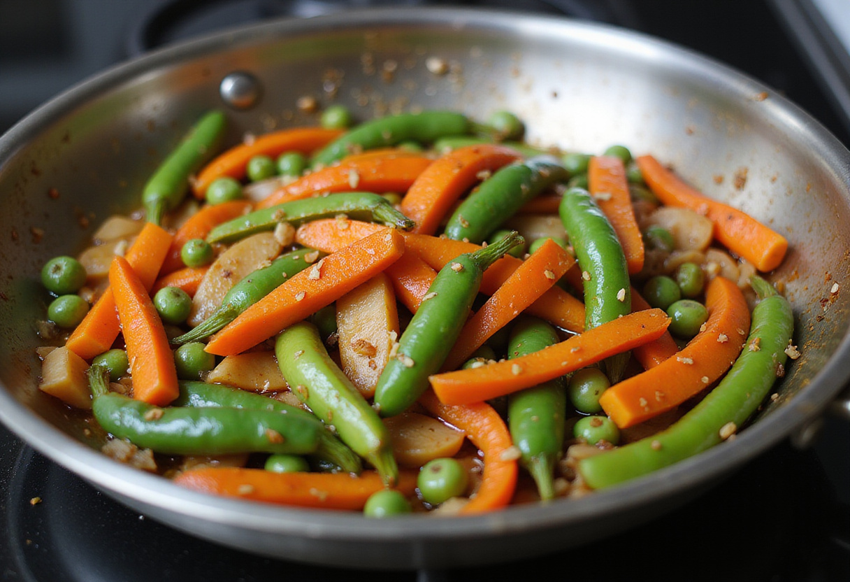 Stir-frying vegetables for vegetable fried rice, enhancing flavor and color in the dish.